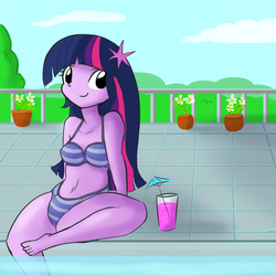 Size: 990x990 | Tagged: safe, artist:tjpones edits, edit, editor:dsp2003, twilight sparkle, equestria girls, g4, barefoot, belly button, bikini, clothes, cute, drink, feet, female, hair ornament, looking at you, smiling, solo, spread legs, spreading, striped underwear, swimming pool, swimsuit, underwear
