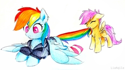 Size: 3777x2125 | Tagged: safe, artist:liaaqila, rainbow dash, scootaloo, pegasus, pony, g4, biting, clothes, eyes closed, female, filly, floppy ears, high res, hoodie, mare, socks, striped socks, tail, tail bite, tail pull, traditional art