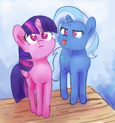 Size: 2035x2188 | Tagged: safe, artist:aemuhn, trixie, twilight sparkle, alicorn, pony, unicorn, g4, :p, behaving like a cat, cute, diatrixes, duo, female, frown, glare, grumpy, high res, looking up, mare, no pupils, ponified animal photo, silly, tongue out, trixie is not amused, twiabetes, twilight cat, twilight sparkle (alicorn), unamused