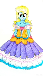 Size: 2131x3787 | Tagged: safe, artist:liaaqila, oc, oc:azure/sapphire, equestria girls, g4, clothes, crossdressing, dress, femboy, gown, high res, male, princess costume, simple background, traditional art, white background