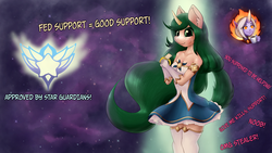 Size: 1920x1080 | Tagged: safe, artist:shamziwhite, anthro, banana, breasts, clothes, cute, eating, female, food, gloves, happy, herbivore, league of legends, lol, long gloves, long hair, miniskirt, ponified, skirt, small breasts, smiling, soraka, standing, star guardian, stockings, text, thigh highs