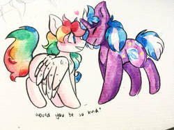 Size: 1024x768 | Tagged: safe, artist:sprinkleswaterfall, beach ball (g1), starshine, pegasus, pony, unicorn, g1, beachshine, dodie, duo, female, lesbian, nose rub, rainbow ponies, shipping, song reference, sunshine ponies, traditional art, tropical ponies, watercolor painting, would you be so kind