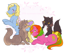 Size: 900x755 | Tagged: safe, artist:suzanami, brilliant blossoms, hula hula, sail away, cat, g1, merry go round pony, tropical ponies