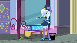 Size: 1920x1080 | Tagged: safe, screencap, spike, spike the regular dog, trixie, dog, equestria girls, g4, my little pony equestria girls: better together, street magic with trixie, barrette, beautiful, box, box sawing trick, clothes, cute, cylinder, diatrixes, dressing, epaulettes, female, hairclip, hairpin, hat, high heels, jacket, legs, looking at you, magic trick, playing card, shoes, skirt, smiling, socks, standing, stockings, thigh highs, top hat, zettai ryouiki