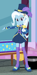 Size: 496x995 | Tagged: safe, screencap, trixie, equestria girls, equestria girls series, g4, street magic with trixie, spoiler:eqg series (season 2), adorasexy, barrette, beautiful, beautisexy, box, clothes, cropped, cute, diatrixes, dressing, epaulettes, female, hairclip, hairpin, hat, high heels, jacket, legs, looking at you, magic trick, magician outfit, raised eyebrow, sexy, shoes, short dress, smiling, socks, solo, standing, stockings, thigh highs, top hat, zettai ryouiki