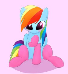 Size: 1100x1200 | Tagged: safe, artist:chocodamai, rainbow dash, pegasus, pony, blushing, clothes, cute, dashabetes, female, pink background, rainbow dash day, simple background, sitting, socks, solo