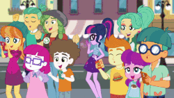Size: 800x450 | Tagged: safe, screencap, doodle bug, gallop j. fry, garden grove, guy grove, lily longsocks, little red, sandalwood, sci-twi, super funk, trixie, twilight sparkle, equestria girls, equestria girls series, g4, street magic with trixie, spoiler:eqg series (season 2), animated, barrette, beautiful, bouquet, camera flashes, cellphone, child, clothes, cute, cylinder, deck of cards, diatrixes, dress, dressing, epaulettes, female, geode of telekinesis, gif, hairclip, hairpin, hat, high heels, jacket, juice, juice box, legs, levitation, lidded eyes, long socks, looking at you, magic, magic trick, magic wand, magical geodes, male, phone, playing card, ponytail, shoes, smartphone, smiling, socks, standing, stockings, telekinesis, thigh highs, thigh socks, top hat, zettai ryouiki