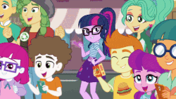 Size: 800x450 | Tagged: safe, screencap, doodle bug, gallop j. fry, garden grove, guy grove, lily longsocks, little red, sandalwood, sci-twi, super funk, twilight sparkle, equestria girls, g4, my little pony equestria girls: better together, street magic with trixie, animated, background human, female, gif, loop, magic, male, out of context