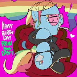 Size: 1500x1500 | Tagged: safe, artist:baigak, rainbow dash, pegasus, pony, g4, clothes, female, happy birthday, jacket, leather jacket, piercing, rainbow dash day, sitting, smoking, solo