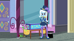 Size: 1920x1080 | Tagged: safe, screencap, spike, spike the regular dog, trixie, dog, equestria girls, equestria girls series, g4, street magic with trixie, spoiler:eqg series (season 2), barrette, beautiful, box, box sawing trick, clothes, cute, cylinder, diatrixes, dressing, epaulettes, female, hairclip, hairpin, hat, high heels, jacket, legs, looking at you, magic trick, playing card, shoes, skirt, smiling, socks, standing, stockings, thigh highs, top hat, zettai ryouiki