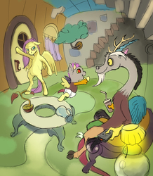 Size: 782x895 | Tagged: safe, artist:gor1ck, discord, fluttershy, oc, pegasus, pony, tabun art-battle, g4, children, female, lamp, male, ship:discoshy, shipping, straight, table