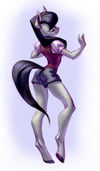 Size: 806x1378 | Tagged: safe, artist:holivi, octavia melody, earth pony, anthro, unguligrade anthro, g4, adorasexy, booty shorts, clothes, cute, eyes closed, female, implied tail hole, leg focus, legs, mare, sexy, shorts, solo, treblebutt