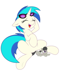 Size: 2000x2440 | Tagged: safe, artist:alexbroanimator, dj pon-3, octavia melody, vinyl scratch, earth pony, pony, unicorn, g4, eyes closed, female, high res, laughing, macro, mare, open mouth, show accurate, simple background, size difference, transparent background