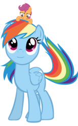 Size: 2358x3820 | Tagged: safe, artist:alexbroanimator, rainbow dash, scootaloo, pegasus, pony, g4, female, filly, high res, macro, mare, micro, ponies riding ponies, riding, scootaloo riding rainbow dash, scootalove, show accurate, simple background, size difference, smiling, transparent background