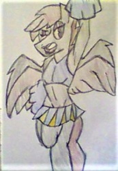 Size: 350x505 | Tagged: safe, artist:midday sun, oc, oc:west wind, pegasus, anthro, armpits, cheerleader, colored, crossdressing, flat colors, makeup, male, simple background, soft color, stallion, traditional art