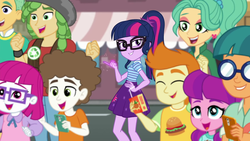 Size: 1920x1080 | Tagged: safe, screencap, doodle bug, gallop j. fry, garden grove, guy grove, lily longsocks, little red, sandalwood, sci-twi, super funk, twilight sparkle, equestria girls, equestria girls series, g4, street magic with trixie, spoiler:eqg series (season 2), background human, beanie, burger, cellphone, cheering, clothes, female, food, glasses, grin, hand on hip, hat, juice, juice box, legs, lidded eyes, looking at you, magic, male, open mouth, phone, ponytail, shirt, skirt, smartphone, smiling, smirk, smug, smuglight sparkle, street, t-shirt, telekinesis, vest
