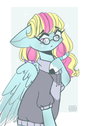 Size: 973x1382 | Tagged: safe, artist:harusocoma, oc, oc only, oc:feather bolt, pegasus, pony, clothes, female, glasses, hoodie, mare, solo