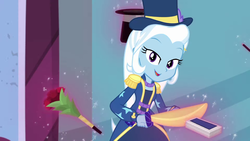Size: 1920x1080 | Tagged: safe, screencap, trixie, equestria girls, g4, my little pony equestria girls: better together, street magic with trixie, bouquet, cute, deck of cards, diatrixes, hat, magic, sword, telekinesis, top hat, weapon