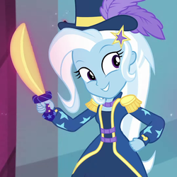 Size: 1077x1078 | Tagged: safe, screencap, trixie, equestria girls, equestria girls series, g4, street magic with trixie, spoiler:eqg series (season 2), barrette, clothes, costume, cropped, cute, diatrixes, dress, epaulettes, hairclip, hairpin, hat, magic, magic glow, outdoors, smiling, sword, top hat, weapon