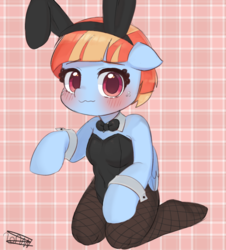 Size: 1804x2000 | Tagged: safe, artist:choyamy, windy whistles, pegasus, pony, semi-anthro, g4, abstract background, arm hooves, blushing, bow, bowtie, bunny ears, bunny suit, clothes, cuffs (clothes), female, floppy ears, freckles, kneeling, looking at you, mare, milf, playboy bunny, signature, solo, wavy mouth