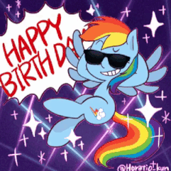Size: 320x320 | Tagged: safe, artist:horatio_kun, rainbow dash, pegasus, pony, g4, animated, birthday, caption, dreamworks face, faic, female, flying, gif, gif with captions, happy birthday, hooves behind head, mare, rainbow dash day, rainbow dash's birthday, smiling, smug, smugdash, solo, sparkles, sunglasses