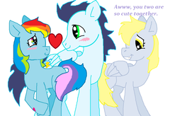 Size: 1051x688 | Tagged: safe, artist:cargirl9, derpy hooves, rainbow dash, soarin', pony, g4, derpy the shipper, female, male, ship:soarindash, shipper on deck, shipping, straight