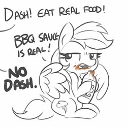 Size: 990x990 | Tagged: safe, artist:tjpones, rainbow dash, pegasus, pony, g4, barbecue sauce, dialogue, female, food, hoof hold, messy eating, monochrome, offscreen character, sauce, simple background, sitting, solo, white background