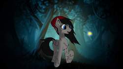 Size: 2560x1440 | Tagged: safe, artist:willow, oc, oc only, oc:raine (emo), firefly (insect), pegasus, pony, black mane, black tail, emo, female, fluffy, grey fur, happy, hat, mare, markings, night, smiling, solo, wallpaper