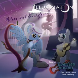 Size: 1024x1024 | Tagged: safe, artist:lumorn, oc, oc only, oc:sunset songbird, earth pony, pegasus, pony, album cover, guitar, harp, musical instrument