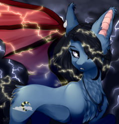 Size: 1385x1450 | Tagged: safe, artist:dustyonyx, oc, oc only, oc:lunar spark, bat pony, pony, female, lightning, mare, solo