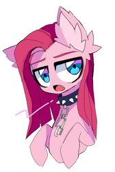Size: 666x993 | Tagged: dead source, safe, artist:lavender_1227, pinkie pie, earth pony, pony, g4, chains, collar, ear fluff, female, leash, looking at you, mare, open mouth, pinkamena diane pie, simple background, solo, white background