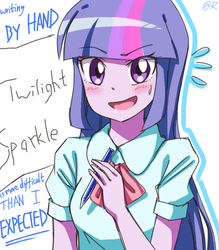 Size: 700x800 | Tagged: safe, artist:tastyrainbow, twilight sparkle, human, equestria girls, g4, anime, big eyes, blushing, bust, clothes, cute, doubt, female, looking at you, open mouth, pencil, shirt, simple background, solo, sweat, twiabetes, white background