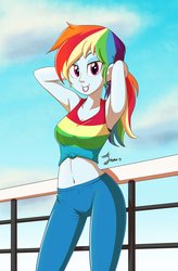 Size: 2480x3779 | Tagged: safe, artist:jeglegator, rainbow dash, equestria girls, equestria girls specials, g4, my little pony equestria girls: better together, my little pony equestria girls: spring breakdown, armpits, beautiful, belly button, breasts, clothes, cloud, cruise outfit, female, front knot midriff, high res, looking at you, midriff, pants, ponytail, railing, reasonably sized breasts, scrunchie, sexy, sky, sleeveless, smiling, smiling at you, solo, stupid sexy rainbow dash, tank top, tying hair
