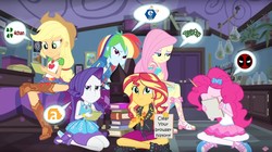 Size: 1920x1076 | Tagged: safe, edit, edited screencap, editor:leonidus, screencap, applejack, fluttershy, pinkie pie, rainbow dash, rarity, sunset shimmer, equestria girls, g4, my little pony equestria girls: better together, the finals countdown, 4chan, blushing, browser history, deadpool, dialogue, disappointed, disapproval, e621, funny, furaffinity, geode of empathy, geode of shielding, geode of super speed, geode of super strength, hiding, humane five, implied shipping, logo, looking at you, magical geodes, message, notebook, notepad, paper, pencil, rule 34