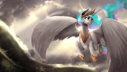 Size: 4000x2250 | Tagged: safe, artist:blackligerth, princess celestia, alicorn, pony, g4, female, flying, frown, high res, jewelry, mare, regalia, solo, spread wings, wings