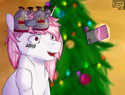Size: 1280x979 | Tagged: safe, artist:uteuk, oc, oc only, oc:chloe, pony, unicorn, body writing, christmas, christmas tree, female, glowing horn, happy new year 2019, holiday, horn, magic, new year, phone, selfie, solo, telekinesis, tree
