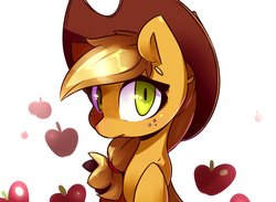 Size: 1465x1073 | Tagged: safe, artist:luxaestas, applejack, earth pony, pony, g4, apple, applejack's hat, cowboy hat, female, food, freckles, hat, looking at you, mare, solo, stetson