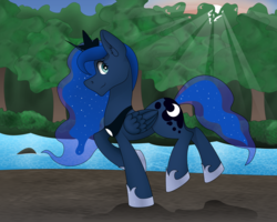 Size: 5000x4000 | Tagged: safe, artist:zeronitroman, princess luna, alicorn, pony, g4, female, forest, mare, nature, nightfall, river, running, smiling at you, solo, sunset