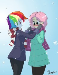 Size: 3169x4096 | Tagged: safe, artist:jeglegator, fluttershy, rainbow dash, human, equestria girls, g4, blushing, clothes, duo, female, gloves, jacket, lesbian, looking at each other, scarf, ship:flutterdash, shipping, snow