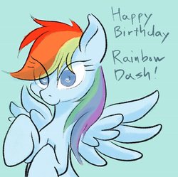 Size: 1774x1770 | Tagged: safe, artist:noupu, rainbow dash, pegasus, pony, g4, blue background, female, happy birthday, mare, simple background, solo, wrong eye color