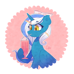 Size: 893x895 | Tagged: safe, artist:svpernxva, oc, oc:fleurbelle, alicorn, pony, adorabelle, adorable face, alicorn oc, bow, cute, drink, drinking, drinking glass, drinking straw, female, glass, hair bow, long hair, long mane, mare, pink background, ribbon, simple background, straw, sweet, yellow eyes