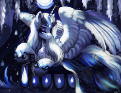 Size: 672x513 | Tagged: safe, artist:dolorosacake, oc, oc only, oc:saint light, alicorn, pony, alicorn oc, cape, clothes, commission, crystal, female, fluffy, hoof shoes, jewelry, large butt, lightly watermarked, loyalty, lying, mare, moon, regalia, solo, spread wings, throne, watermark, wing fluff, wings