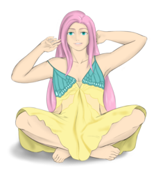 Size: 2783x3096 | Tagged: safe, artist:eve-ashgrove, fluttershy, human, g4, adorasexy, armpits, barefoot, clothes, cute, dress, feet, female, high res, humanized, off shoulder, sexy, simple background, smiling, solo, toes, white background