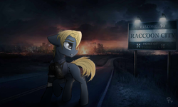 Size: 1663x1000 | Tagged: safe, artist:php145, pony, city, clothes, fire, leon s. kennedy, night, resident evil, road, solo, uniform