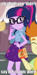 Size: 512x1022 | Tagged: safe, edit, edited screencap, screencap, gallop j. fry, sandalwood, sci-twi, twilight sparkle, equestria girls, g4, my little pony equestria girls: better together, street magic with trixie, animated, aura, dennis nedry, female, gif, jurassic park, meme, offscreen character, solo focus, text edit