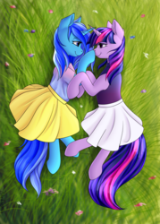 Size: 1794x2500 | Tagged: safe, artist:deltahedgehog, twilight sparkle, oc, oc:spacelight, pony, unicorn, g4, boop, canon x oc, clothes, duo, eye contact, female, grass, lesbian, looking at each other, mare, shipping, skirt, smiling, unicorn twilight
