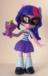 Size: 1977x3129 | Tagged: safe, artist:whatthehell!?, sci-twi, spike, twilight sparkle, dragon, equestria girls, equestria girls series, g4, clothes, doll, equestria girls minis, glasses, irl, photo, ponied up, ponytail, shoes, skirt, socks, toy