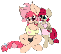Size: 1609x1427 | Tagged: safe, artist:k-kopp, oc, oc only, oc:dew drop, oc:zoey ann d'quiri, bat pony, pegasus, pony, semi-anthro, arm hooves, belly button, bow, braid, braiding, clothes, duo, duo female, female, off shoulder, simple background, transparent background