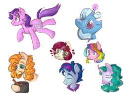 Size: 1024x768 | Tagged: safe, artist:pigeorgien, amethyst star, blue note, mistmane, pear butter, rainbow harmony, roseluck, sparkler, trixie, earth pony, pony, g4, simple background, white background