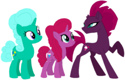 Size: 1681x1080 | Tagged: safe, artist:徐詩珮, fizzlepop berrytwist, glitter drops, tempest shadow, oc, oc:betty pop, pony, unicorn, g4, base used, broken horn, daughter, family, female, horn, lesbian, magical lesbian spawn, mother and daughter, next generation, offspring, parent:glitter drops, parent:tempest shadow, parents:glittershadow, ship:glittershadow, shipping, simple background, transparent background